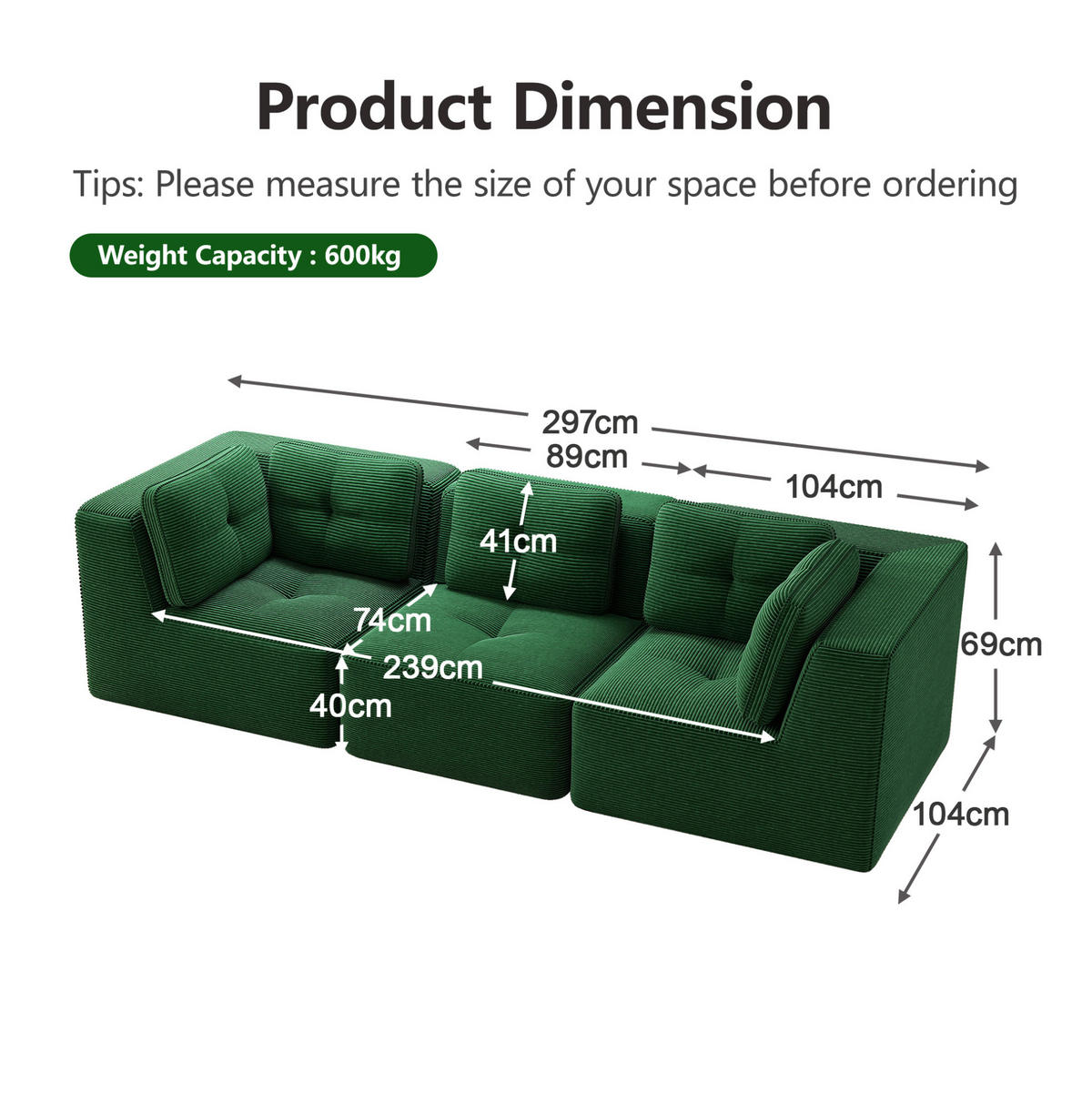 ECKSOFA 297/104/69 cm grün aus Cord mit 74 cm Sitztiefe und modularem Design - Grün, Textil (104/297cm) - OKWISH