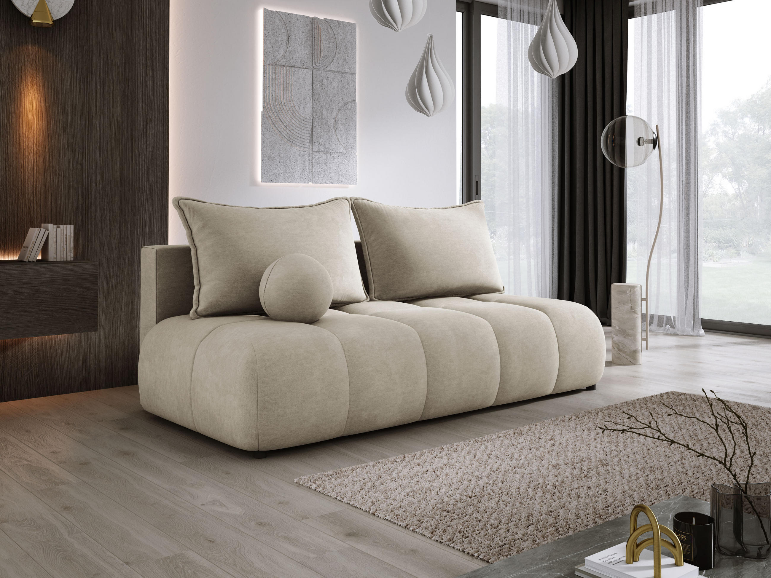 SOFA COCO MINI SCHLAFSOFA mit Bettfunktion, CLOUD Stoffbezug, 2-Sitzer, freistehend, Größe: 205x105x97 cm, Beige - Beige, Holz/Textil (205/97/105cm) - DomoHome
