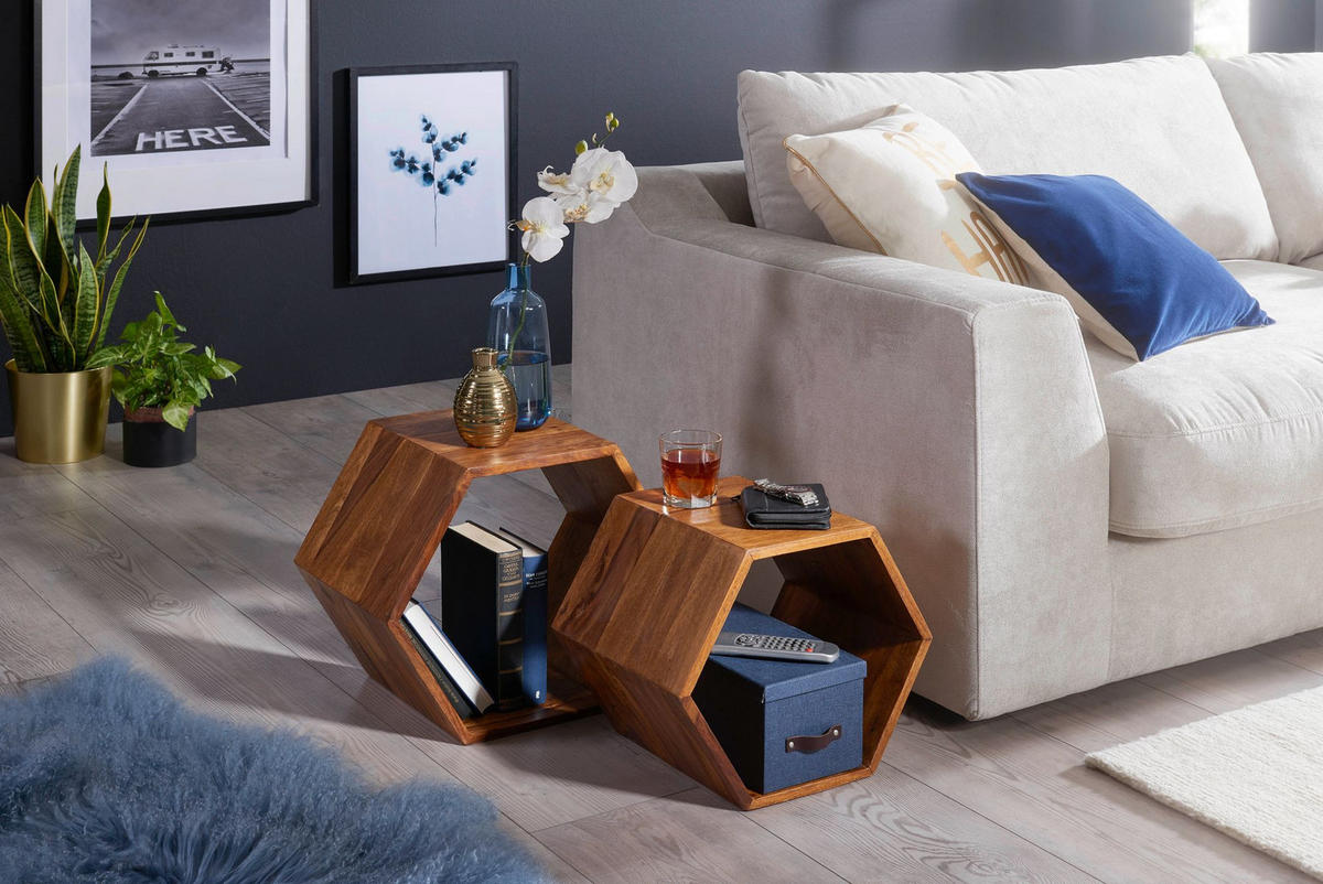 BEISTELLTISCH Set – 2-teilig Massivholz Braun Wabenform handgefertigt - Braun, Holz (30/46/40cm) - KADIMA DESIGN
