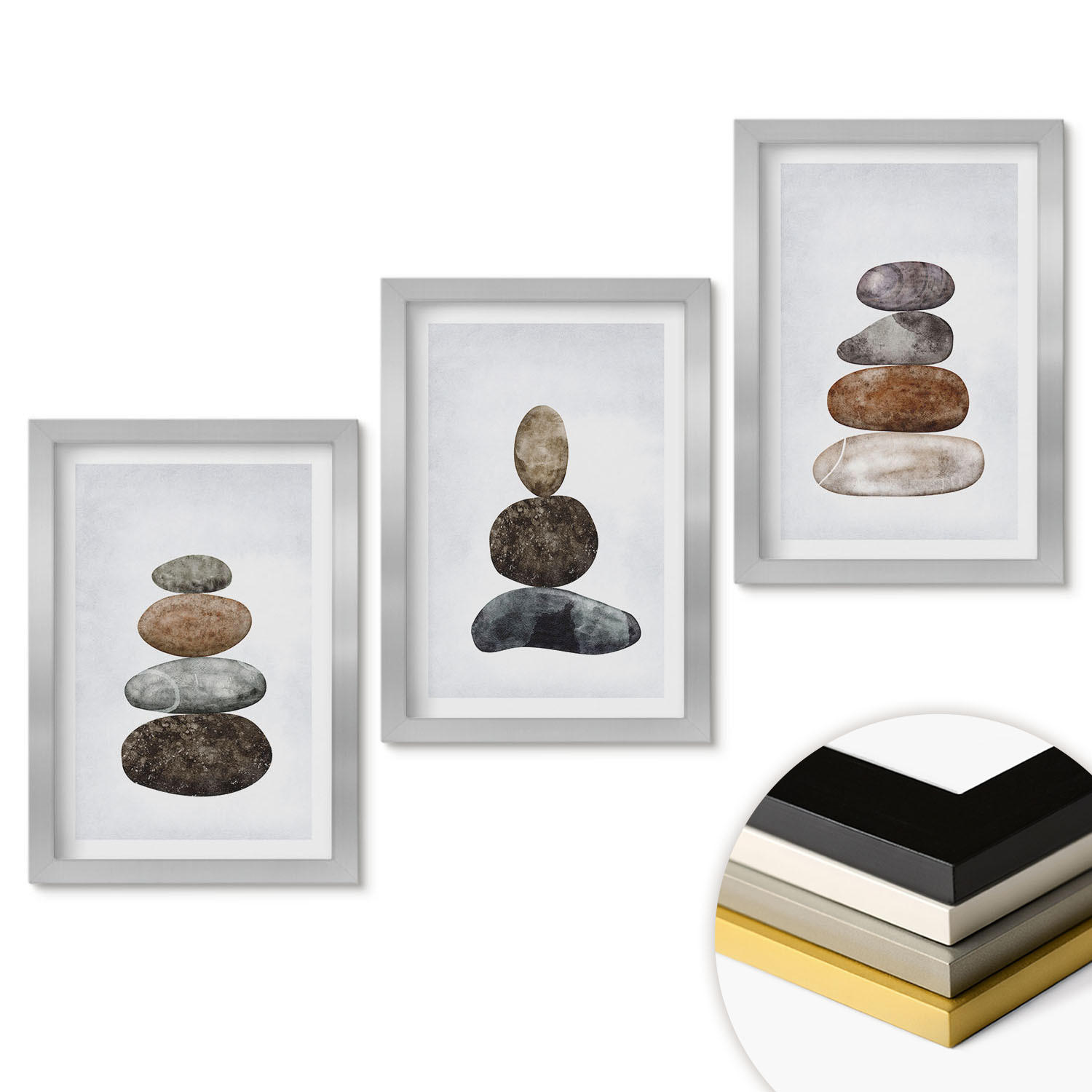 WANDBILDER 3er Set - 20x30 cm Silberner Rahmen - Minimalistische Boho-Steine - Silberfarben, Kunststoff (20/30cm) - ArtPrintCave