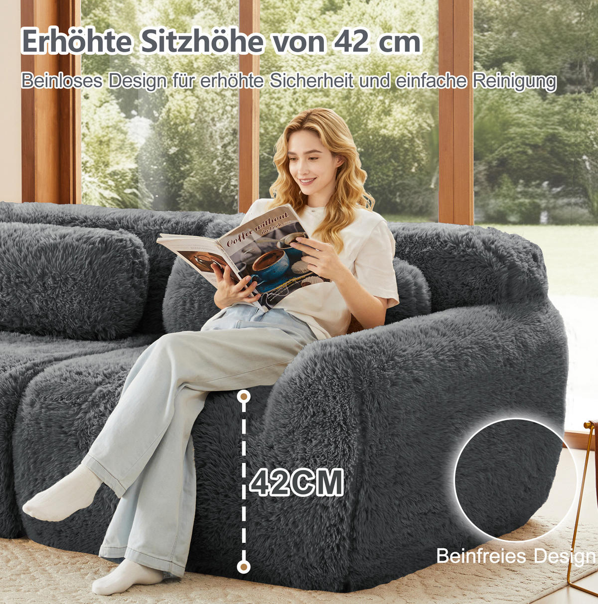 2-SITZER Sofa aus Plüsch mit modularem rahmenlosem Design Grau - Grau, Textil (104/73/204cm) - Modenvie