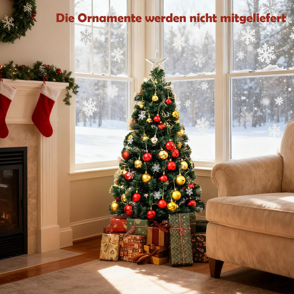 WEIHNACHTSBAUM Tannenform mit 8 Lichtmodi 120 cm warmweiße Glasfaser - Grün, Metall (120cm) - COSTWAY
