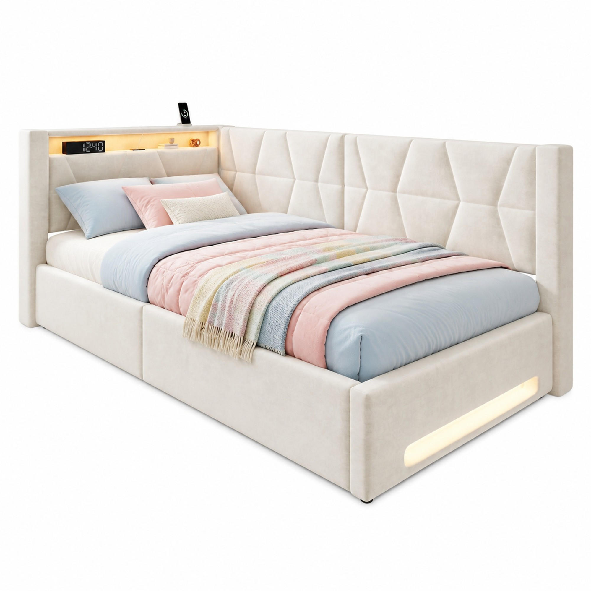 POLSTERBETT 90/200 cm mit Stauraum, LED-Beleuchtung, USB-/Type-C-Anschluss und hydraulischem Bettkasten, Beige - Beige, Metall (90/200cm) - Redom