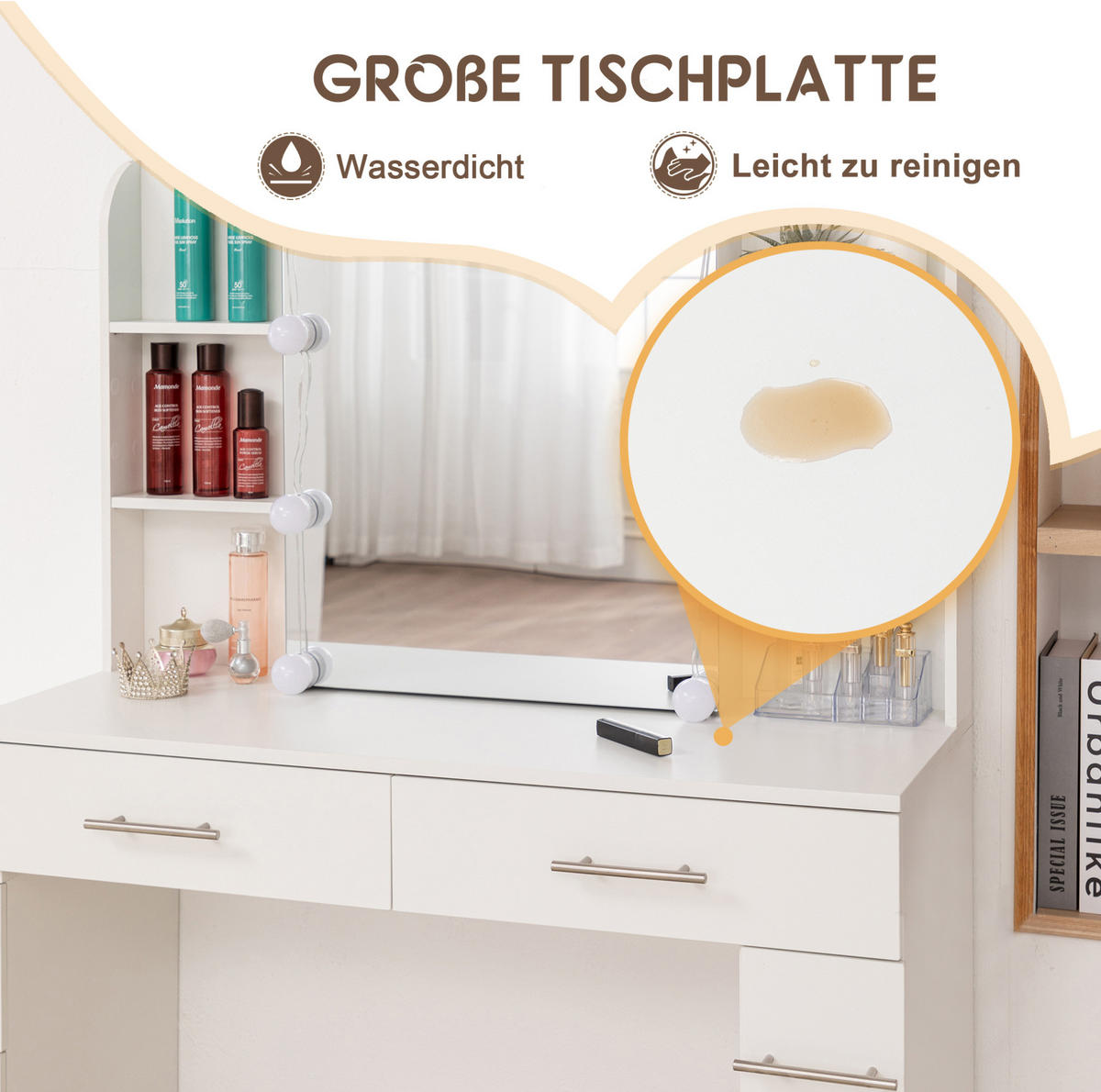 SCHMINKTISCH 100/40.5/136 mit Schiebespiegel, verstecktem Stauraum, LED-Beleuchtung und Hocker, Weiß - Weiß, Holzwerkstoff (100/136/40.5cm) - Redom