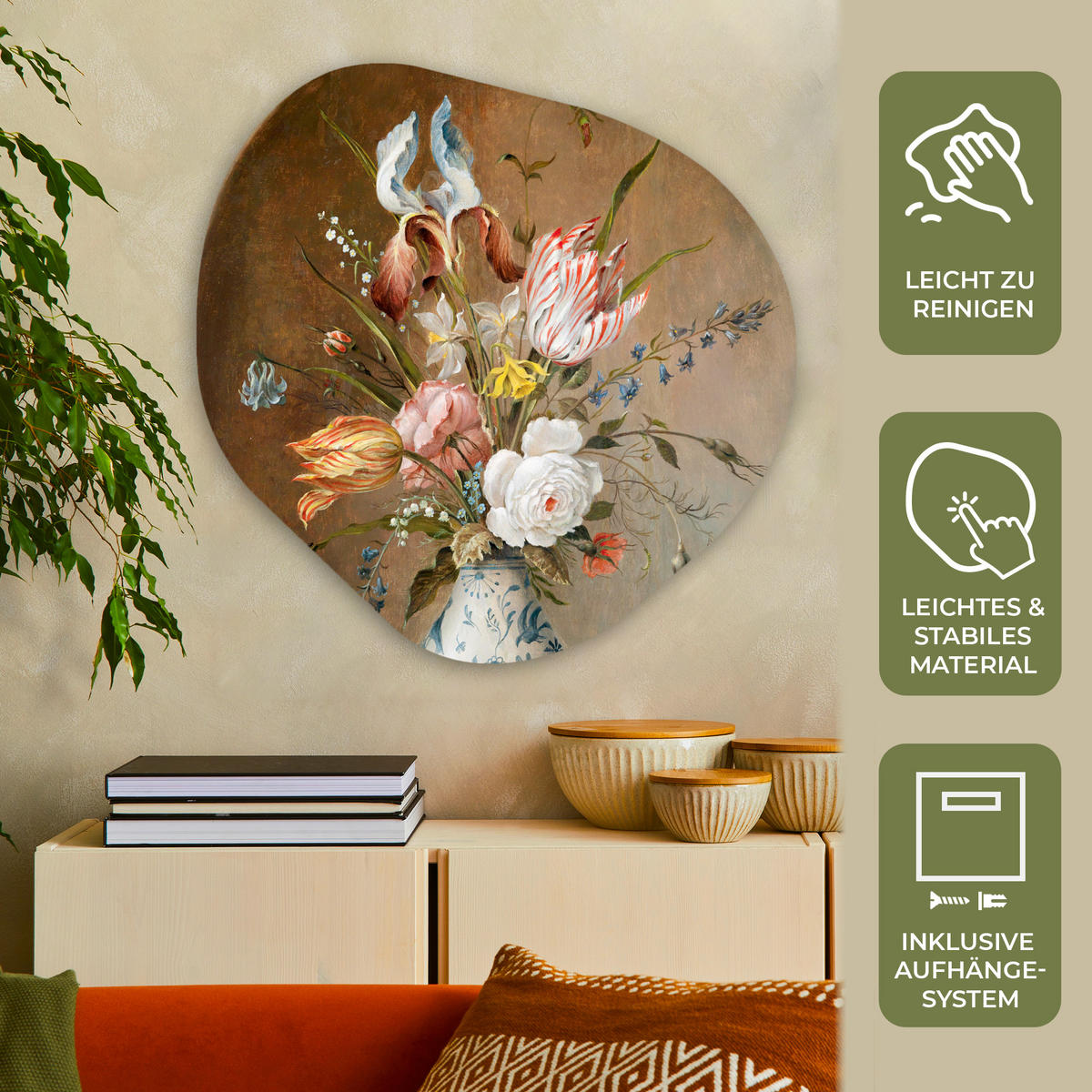 WANDBILD Stilleben mit Blumen - Balthasar van der Ast - Malerei 90x90 cm - Sandfarben, Kunststoff (90/90cm) - MuchoWow