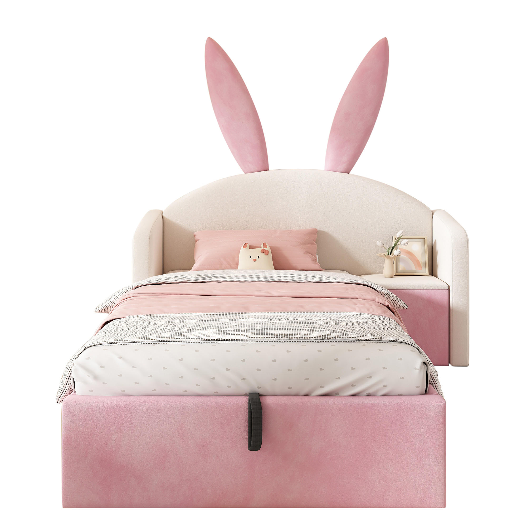 KINDERBETT 90/200 cm Jugendbett mit Hasenohren-Kopfteil und Nachttisch Beige Rosa - Beige/Rosa, Holz