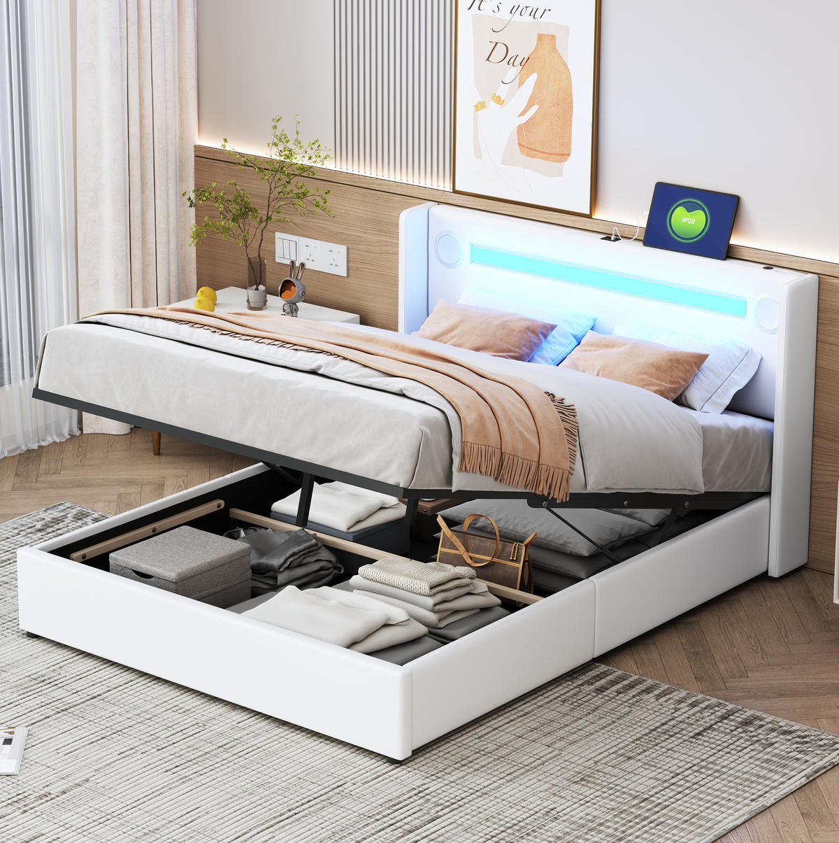 POLSTERBETT 140/200 cm mit LED-Beleuchtung, Bluetooth-Lautsprecher, USB-Anschlüssen und hydraulischem Bettkasten, Weiß - Weiß, Kunststoff (140/200cm) - Redom