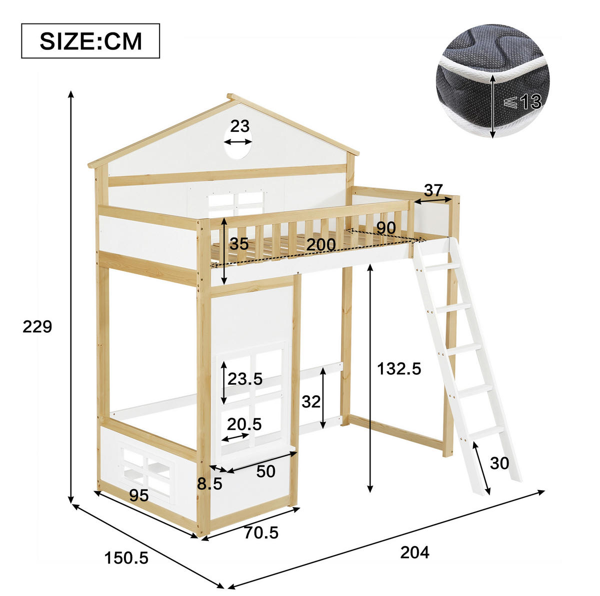 ETAGENBETT 90/200 cm Weiß Natur mit Treppe, Dach und Fenstern - Weiß, Holz (90/200cm) - MIVRAY
