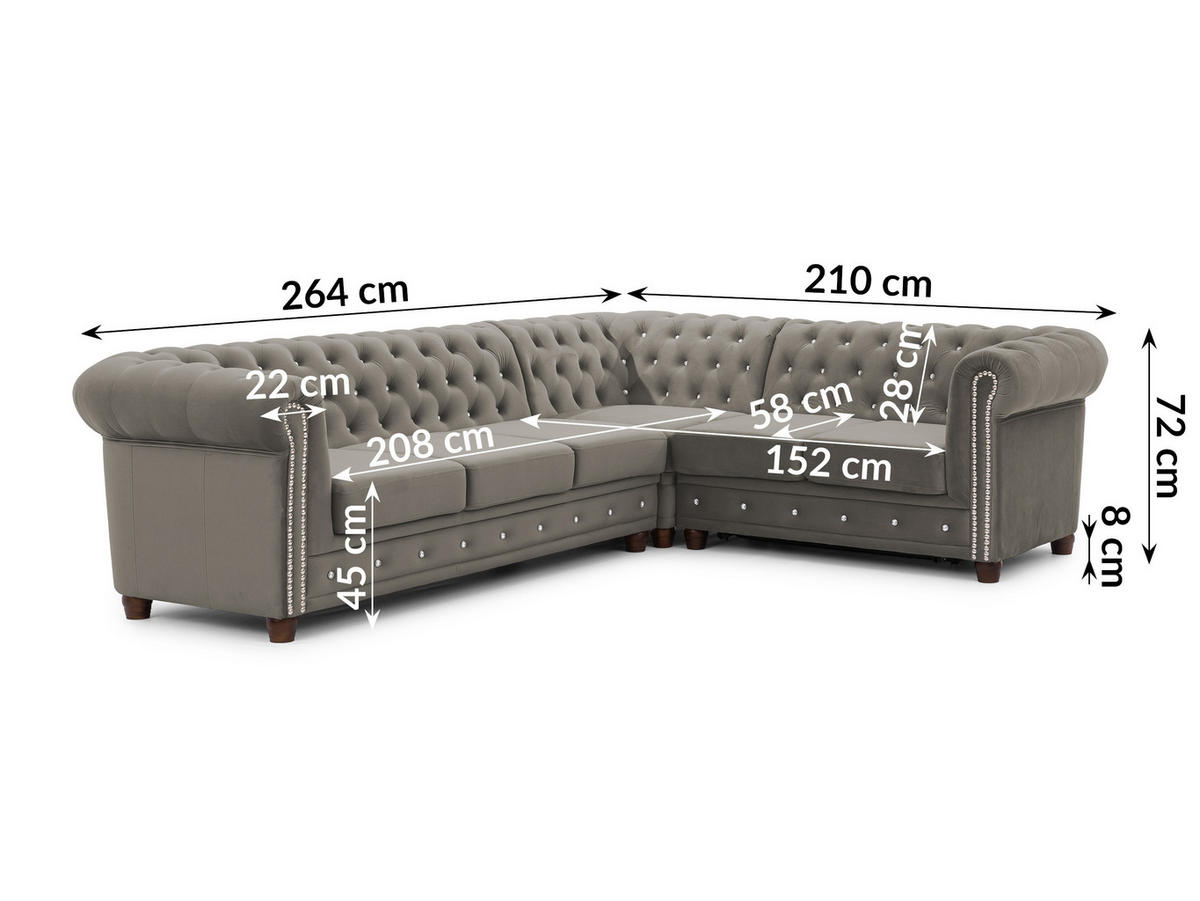 ECKSOFA mit Schlaffunktion Chesterfield Grau Samt mit Kristallsteppung und braunen Massivholzfüßen - Ottomane Rechts - Braun/Grau, Holz/Textil (264/210cm) - S-Style Möbel