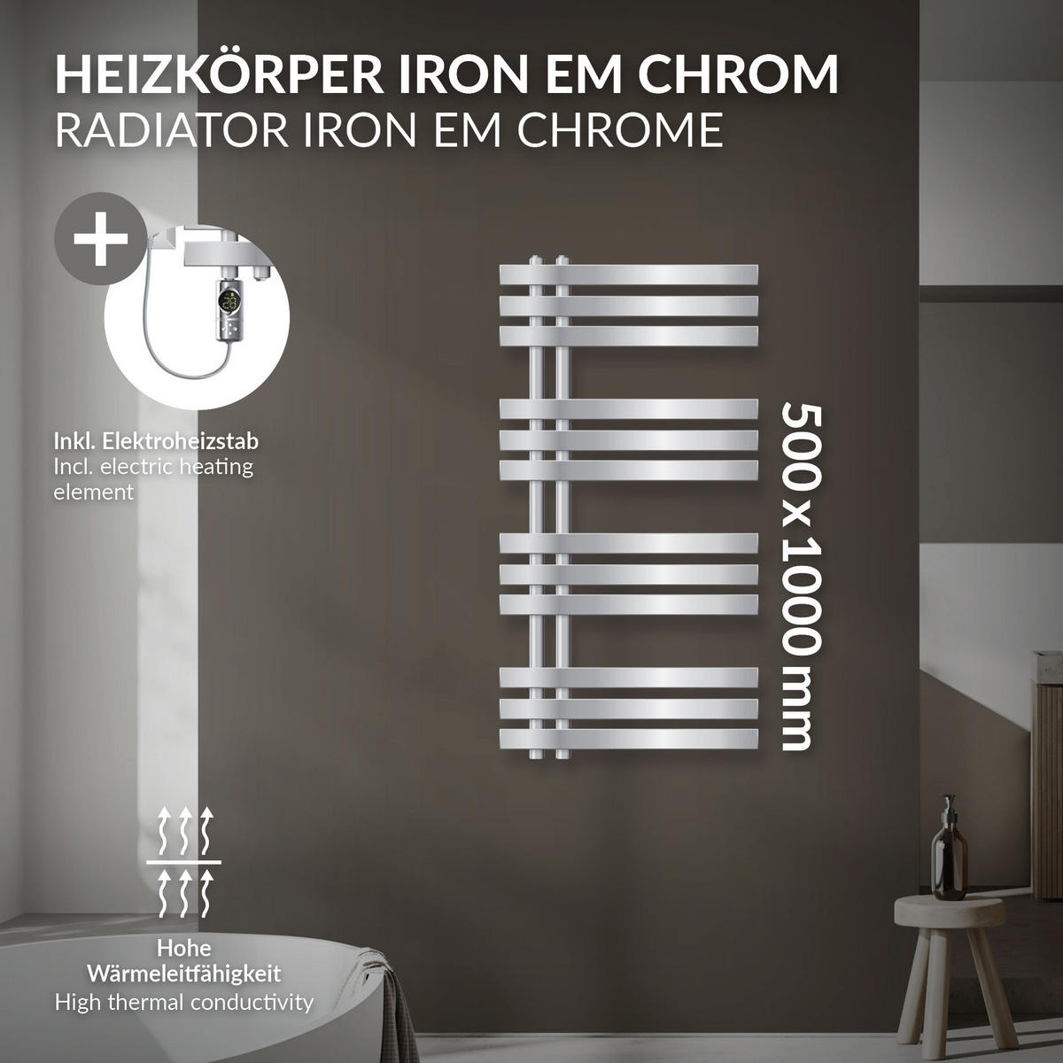 BADHEIZKÖRPER elektrisch Iron EM 500x1000 mm Chrome mit Heizstab 600W Digital - Chromfarben, Metall (50/100/3cm) - LuxeBath