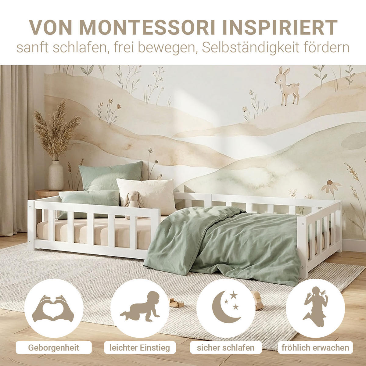 BODENBETT weiß 90x200 cm mit Lattenrost + Matratze - Weiß, Holz (90/200cm) - Homestyle4u
