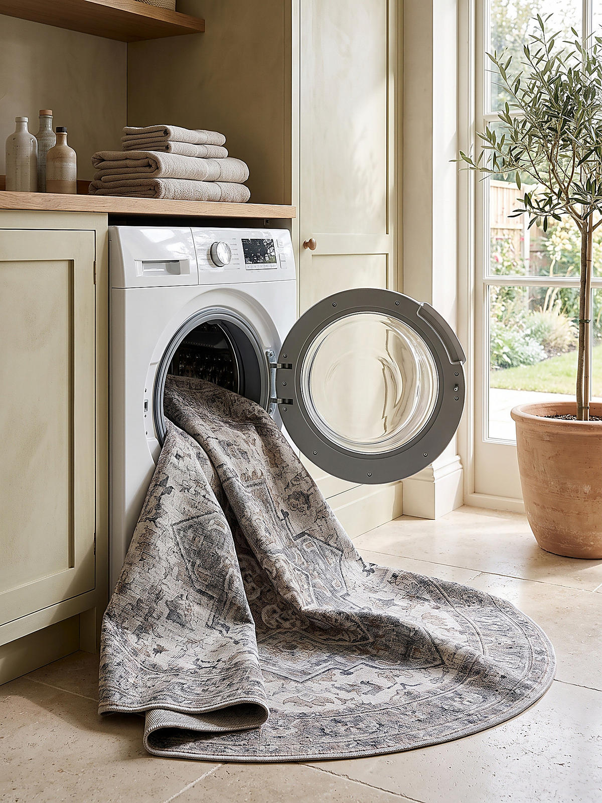 TEPPICH Kurzflor, waschbar, mit Medaillon, VERNANTE in Beige-Grau, Ø 120 cm - Beige, Textil (120/120cm) - KADIMA DESIGN