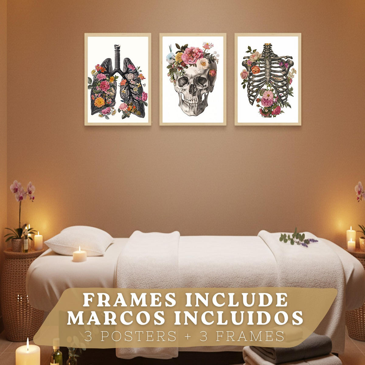 POSTER Set aus 3 Anatomie Mensch Drucke und mit Lungen Luftröhre Bronchien Rippen Wirbelsäule und Schädel Modernes Florales Leichter Holzrahmen A3 - Beige, Papier (29.7/42/3cm) - Nacnic