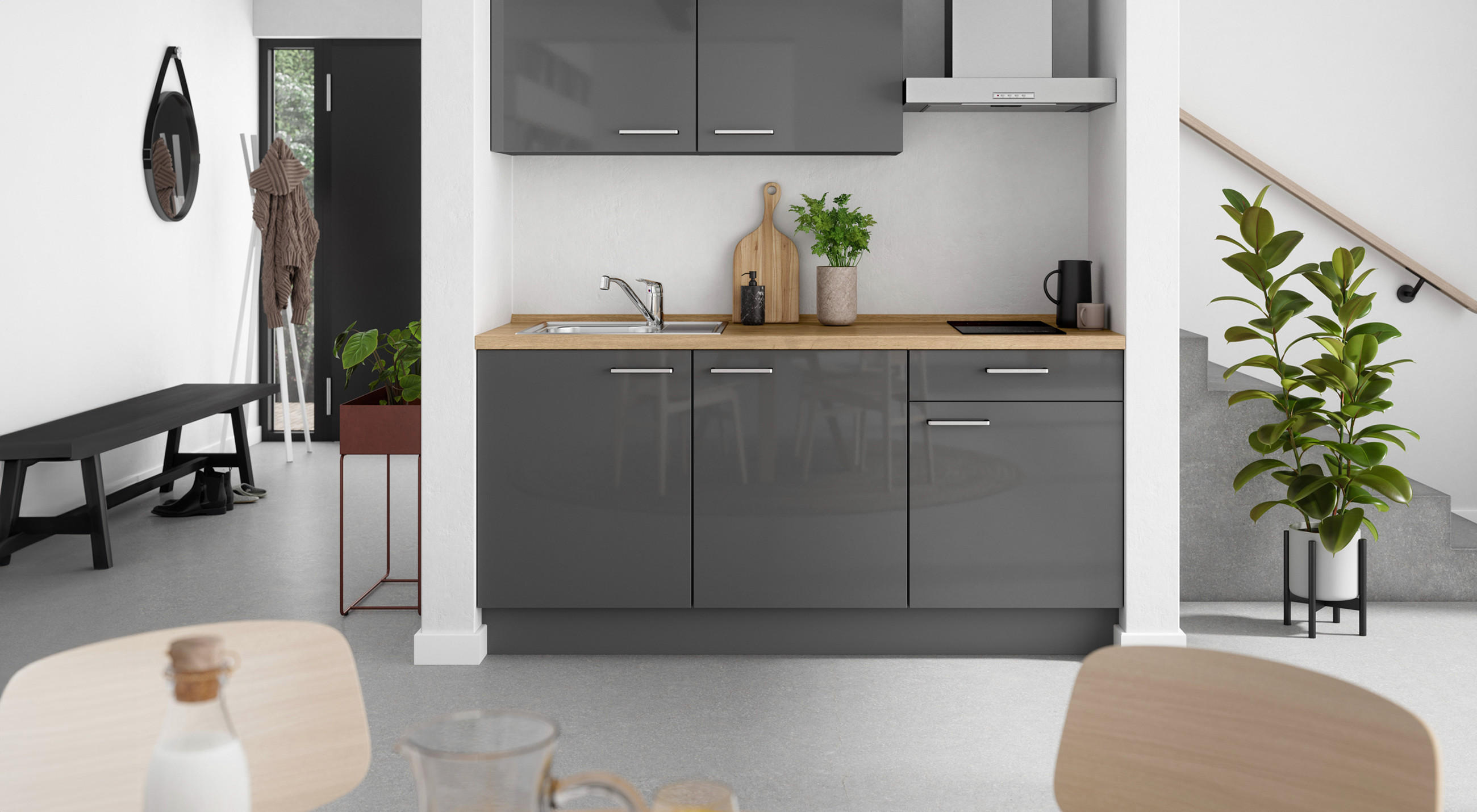 Küche für Mietwohnung, Kleine Küche in grau, Moderne Küche für Mietwohungen, Tischgruppe aus Holz in kleiner, moderner Küche