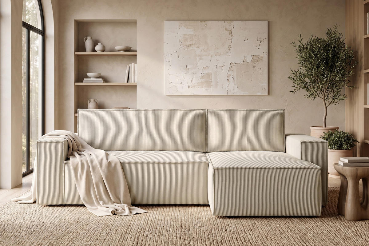 ECKSOFA-LINKS/RECHTS NAPI Schlaffunktion mit Cordbezug, cremig - Creme/Schwarz, Textil (262/148cm) - KONSIMO®