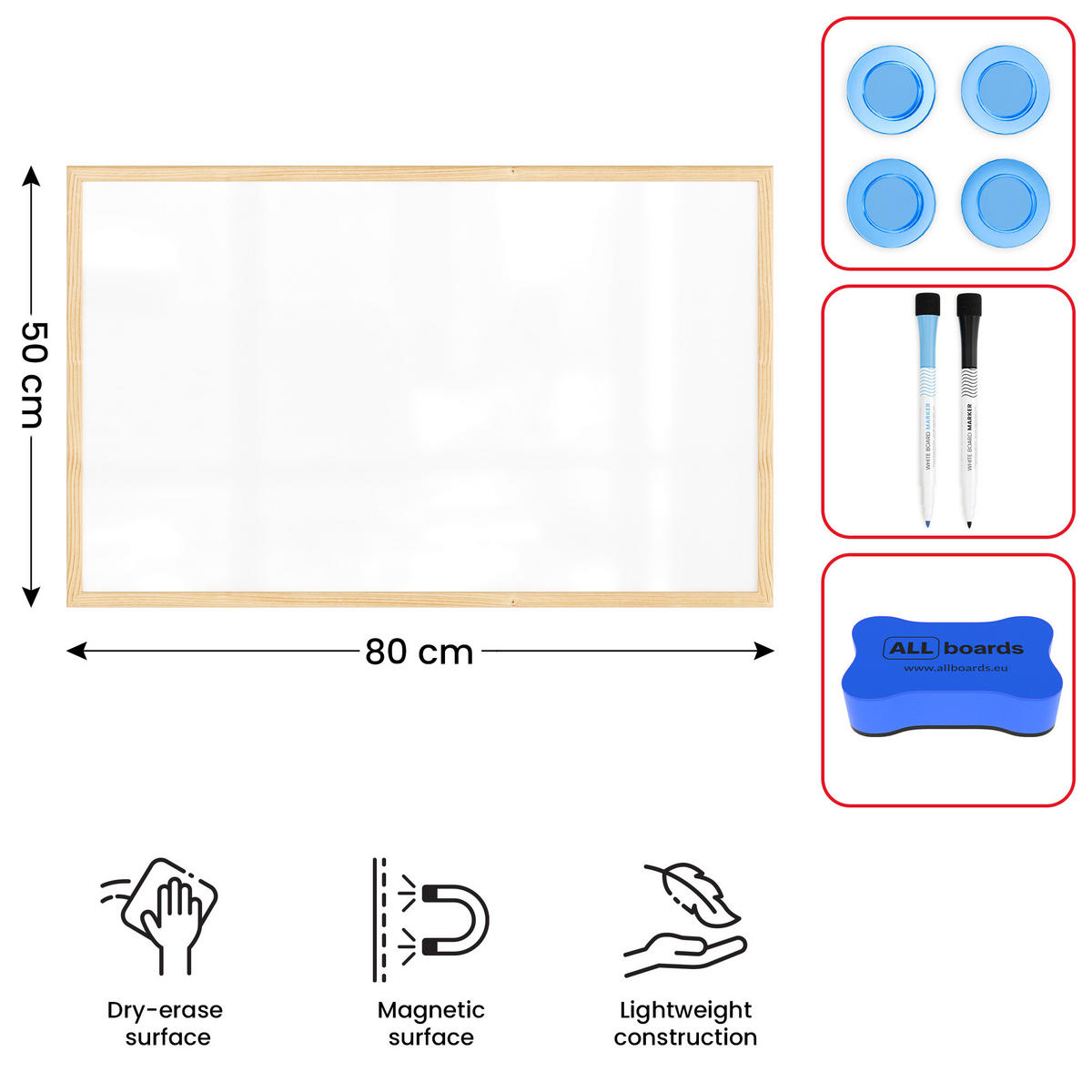 WHITEBOARD Magnetisch 80x50cm mit Naturholzrahmen - Weiß, Metall (80/50/1.5cm) - ALLboards