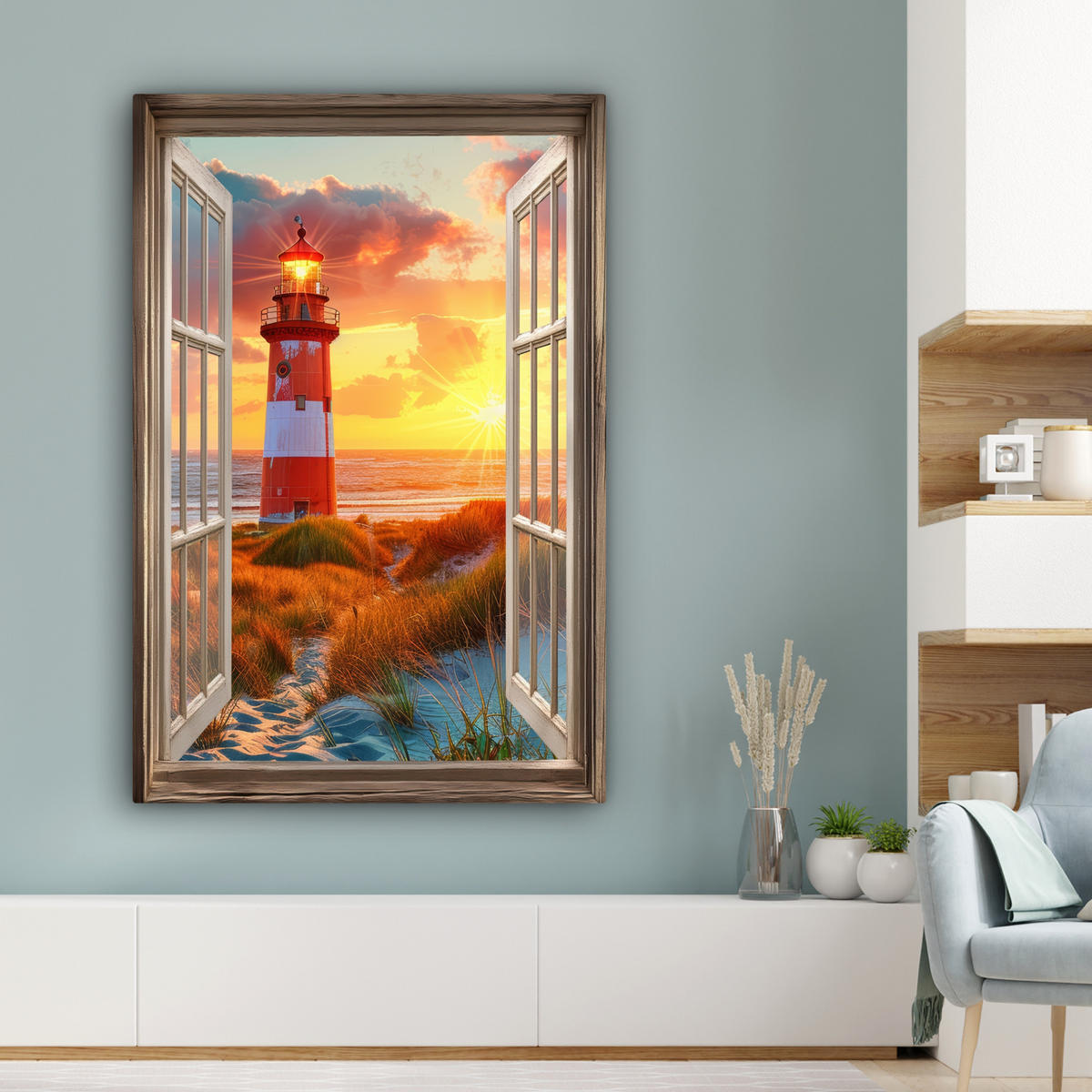 LEINWANDBILD Aussicht - Fenster - Leuchtturm - Sonnenuntergang - Strand 80x120 cm - Dunkelorange, Textil (80/120cm) - MuchoWow