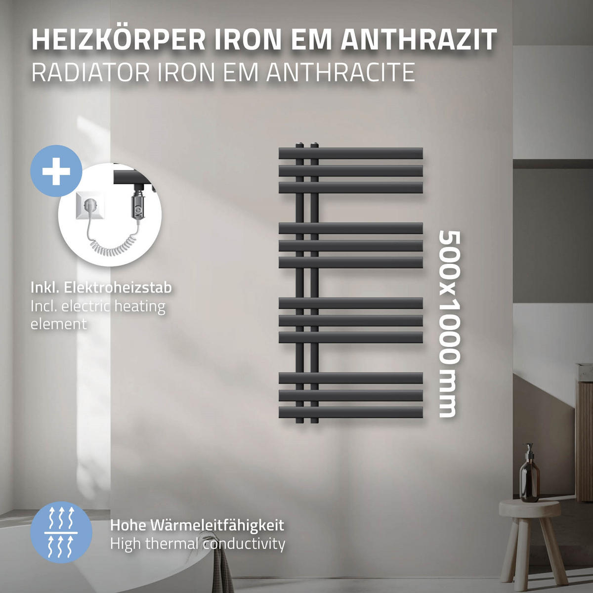 BADHEIZKÖRPER elektrisch Iron EM 500x1000 mm Anthrazit mit Heizstab 300W - Anthrazit, Metall (50/100/3cm) - LuxeBath