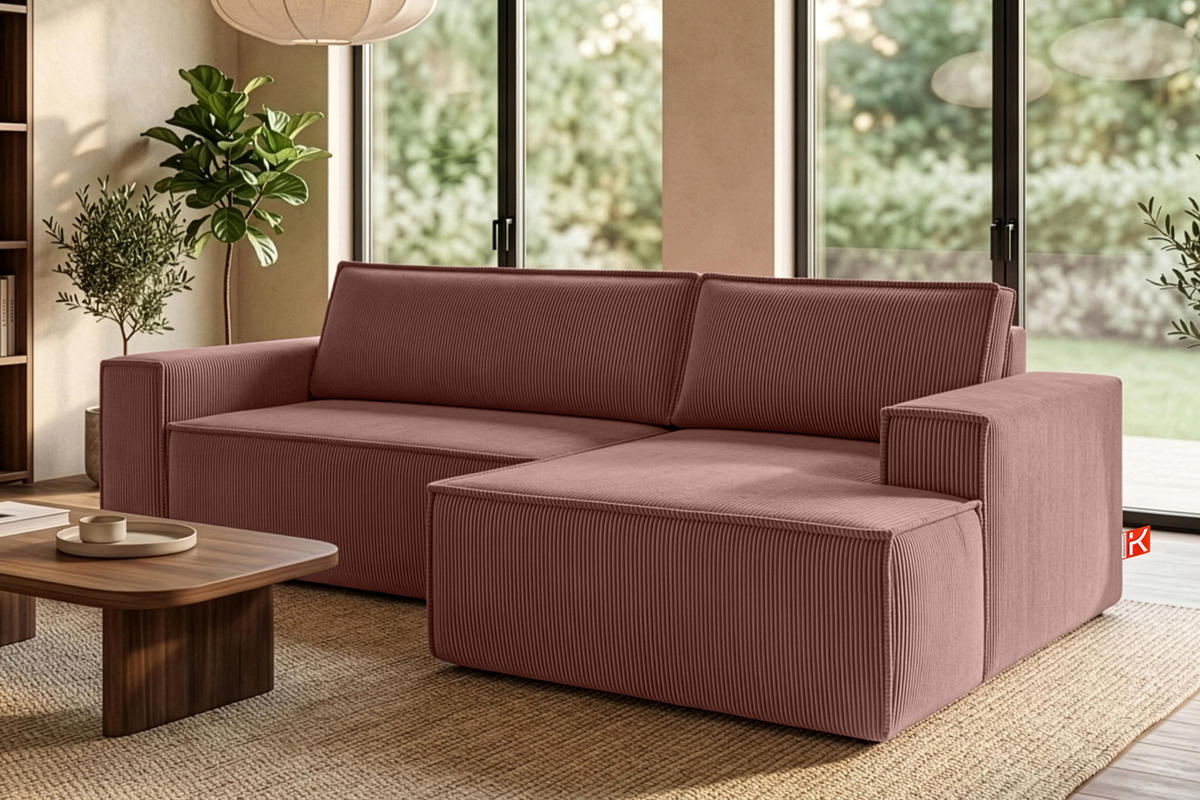 ECKSCHLAFSOFA-RECHTS NAPI in Pet Friendly Cord-Stoff, rosa - Pink/Schwarz, Textil (262/148cm) - KONSIMO®