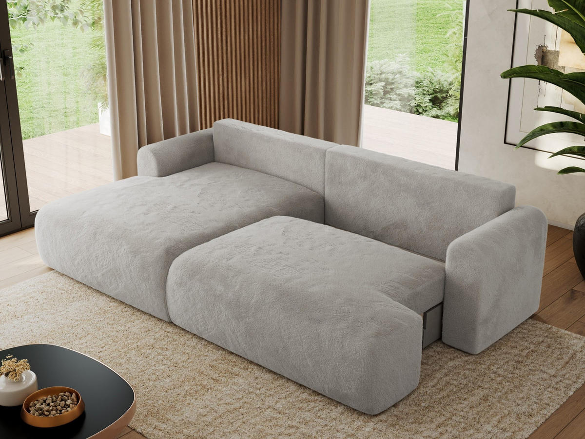 ECKSCHLAFSOFA TONO L Hellgrau Plüsch - links - Hellgrau/Schwarz, Kunststoff/Textil (260/150cm) - MKS
