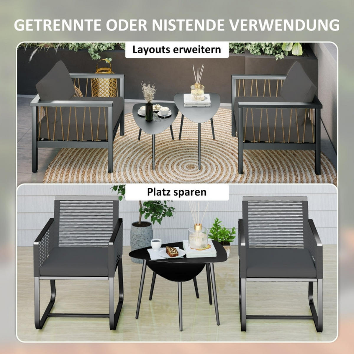 GARTENTISCH aus Stahl 65x45x45/35 cm Schwarz im 2er Set - Schwarz, Metall (65/45/45cm) - Modfu