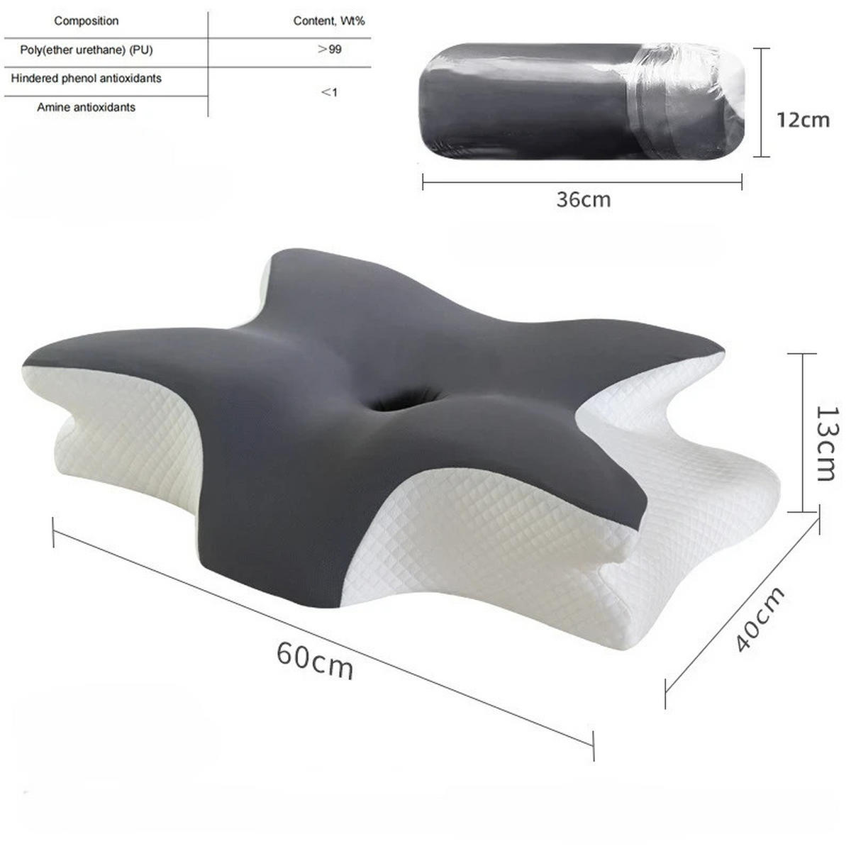 NACKENKISSEN ，Ergonomisches , 60x40x13cm - Dunkelgrau, Textil (60/40cm)