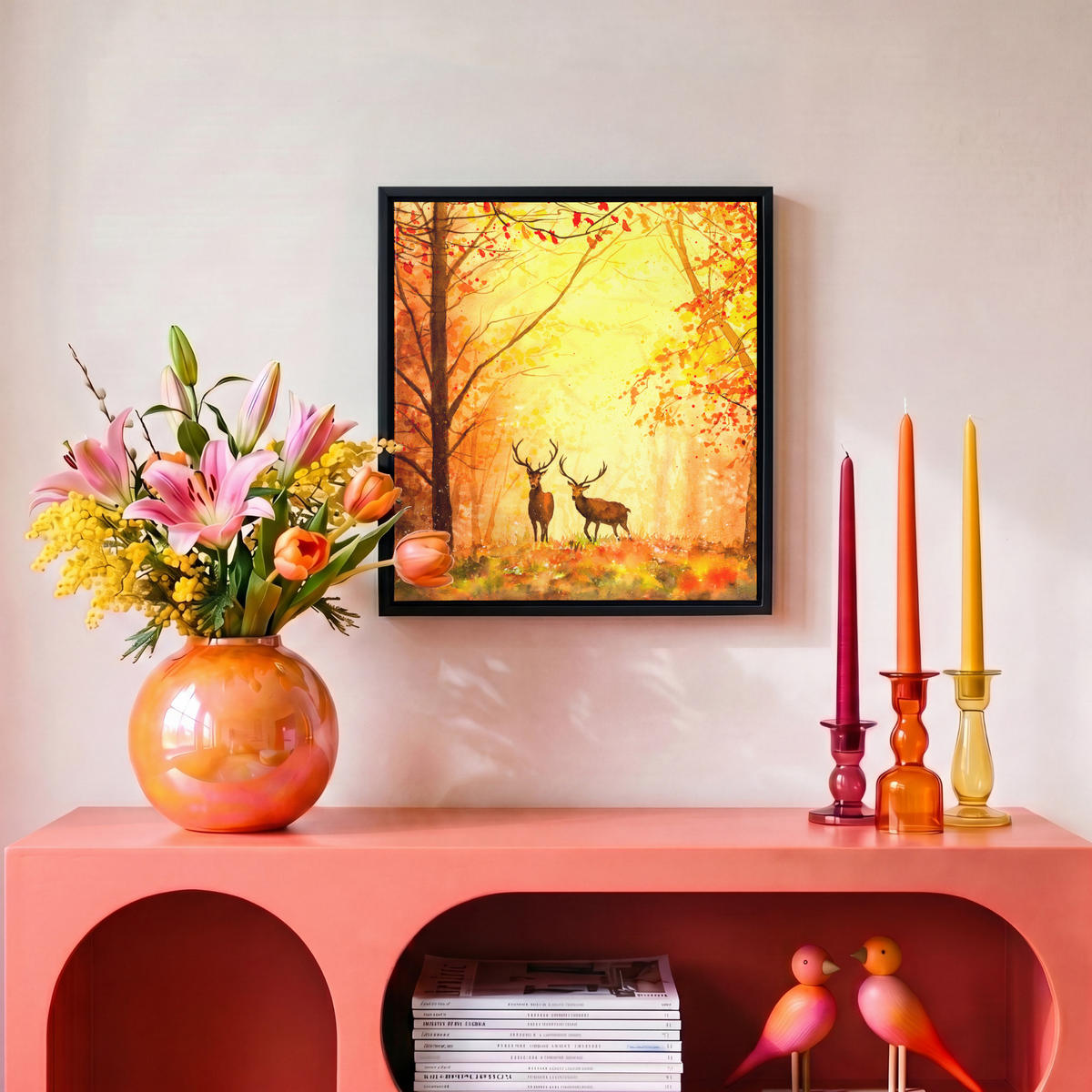 LEINWAND Bilder mit Rahmen - Natur - Ölfarbe - Hirsche - Tiere - Herbst - Orange - 20x20 - Orange, Textil (20/20cm) - MuchoWow