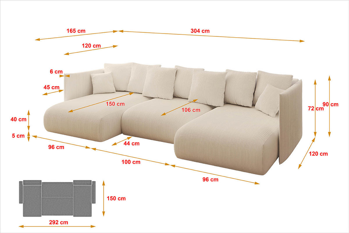 WOHNLANDSCHAFT mit Schlaffunktion und Bettkasten ONESK-U 304x165x40 Beige Cord - Beige, Holzwerkstoff/Kunststoff (304/90/165cm) - ALTDECOR