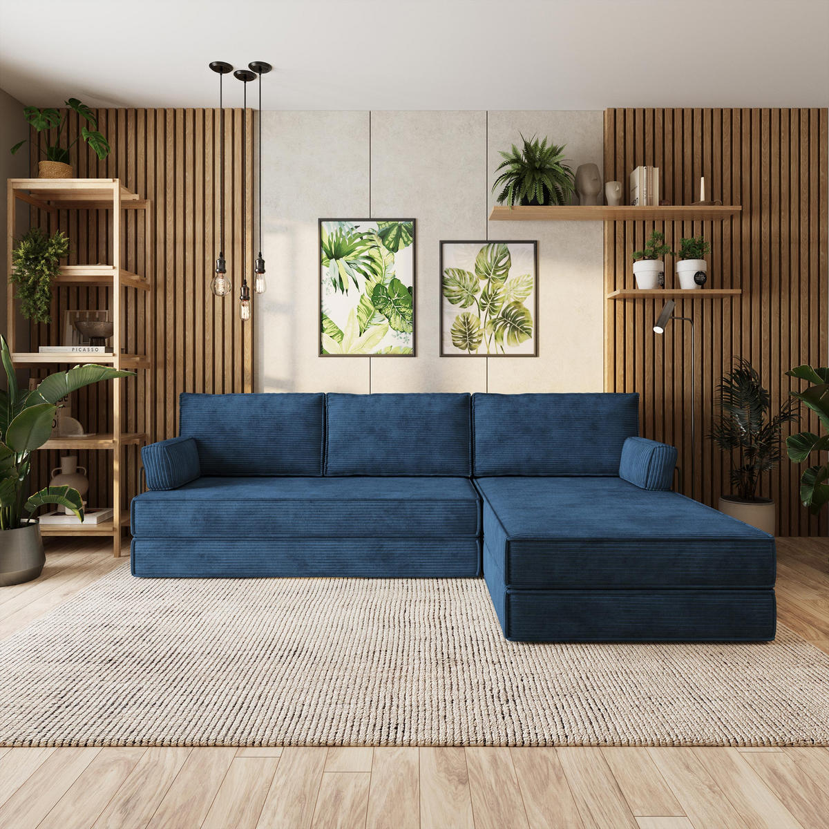 ECKSOFA ANKO modulares Boneless Sofa mit Schlaffunktion Blau Kordstoff - Blau, Textil (270/160cm) - MASSENO