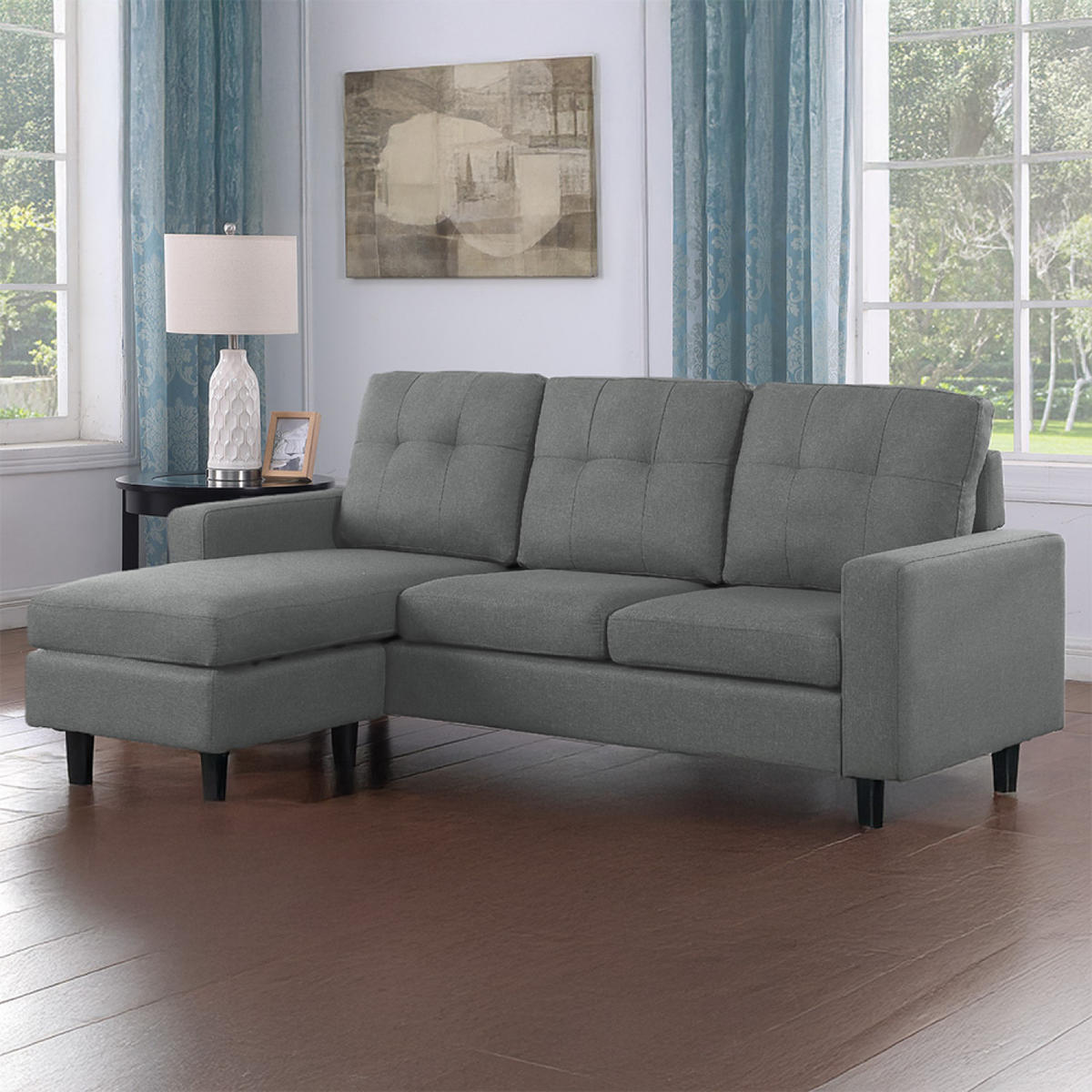 ECKSOFA Belfast Grau 3-Sitzer Stoff - Grau, Holz (183/124cm) - Concept Usine