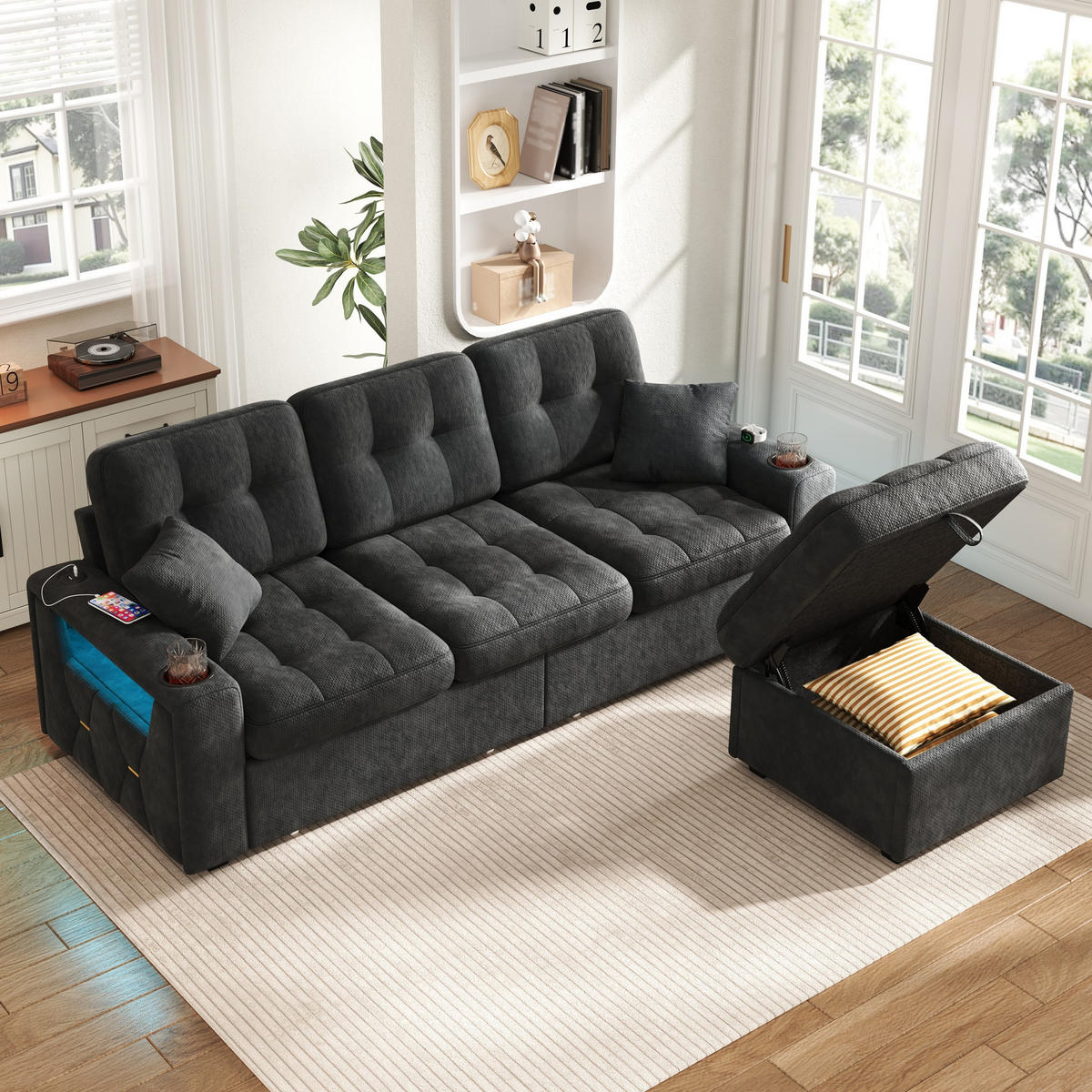 BIGSOFA mit Stauraum-Hocker, USB-C, LED und Becherhaltern aus Chenille - Schwarz, Textil (194.5/83/133cm) - EVRYAE