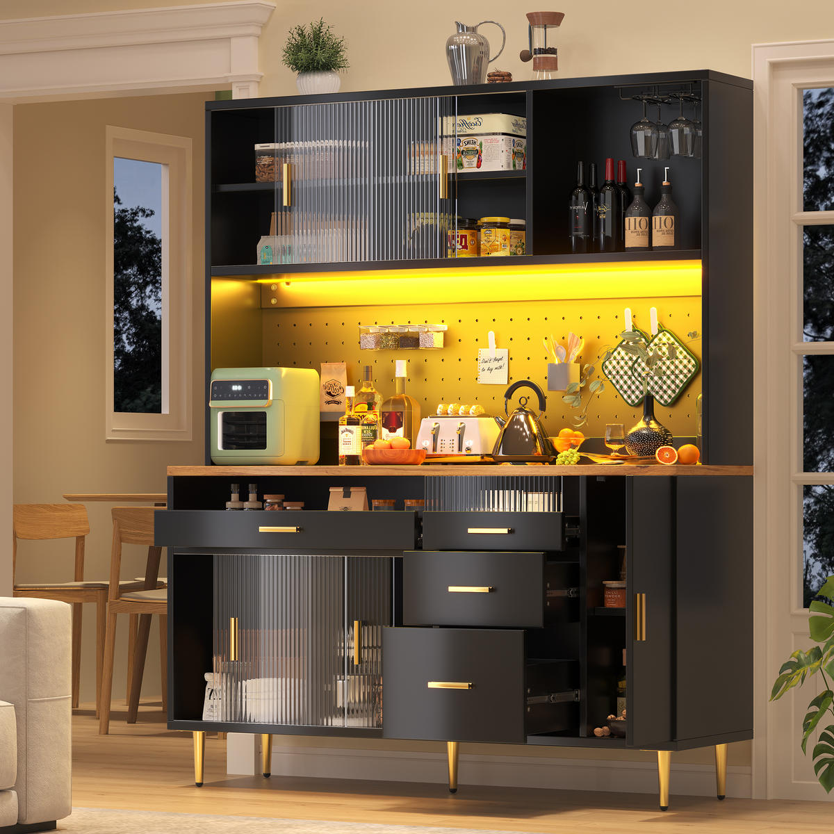 GESCHIRRSCHRANK aus MDF & Glas 145x39x171cm in Schwarz mit APP-LED - Schwarz, Holzwerkstoff (145/171/39cm) - Modfu