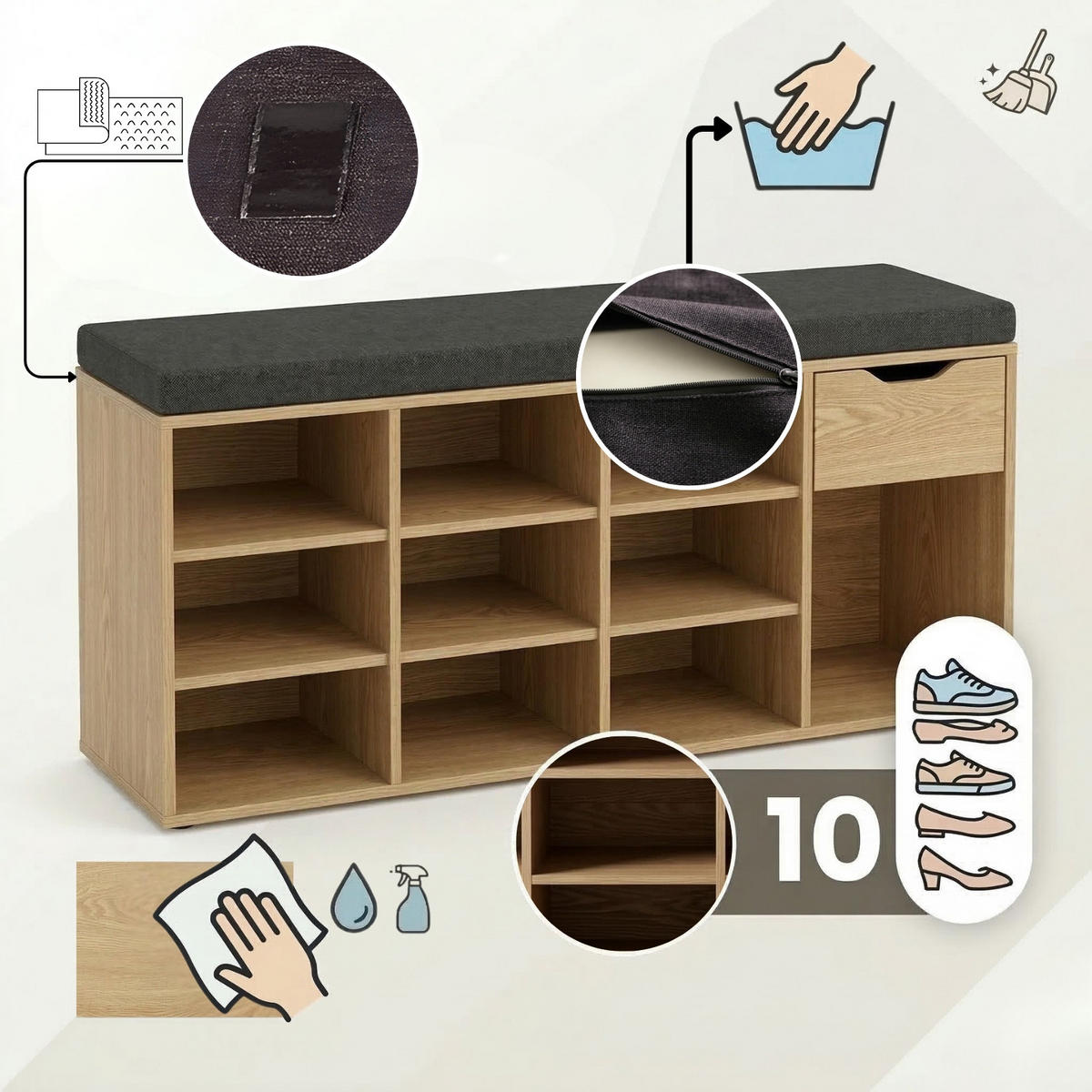 SCHUHSCHRANK Kado 104/50/30 cm Sitzbank - Braun, Holzwerkstoff (104/50/30cm) - BOXIMO