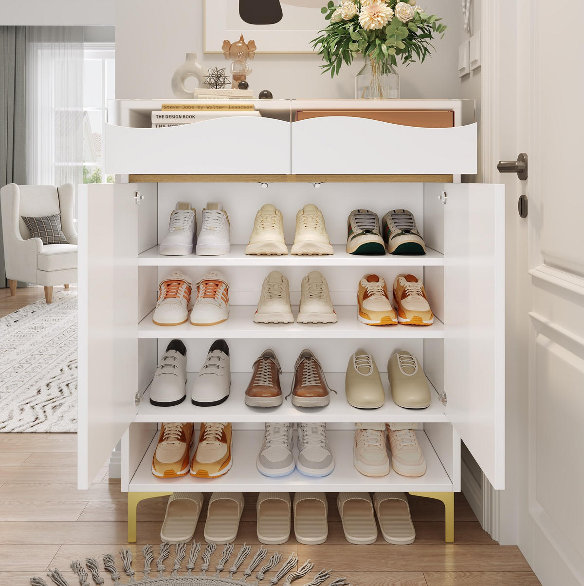 SCHUHSCHRANK 80/35/105 cm Weiß aus MDF und Spanplatte mit LED - Weiß, Holzwerkstoff (80/105/35cm) - OKWISH