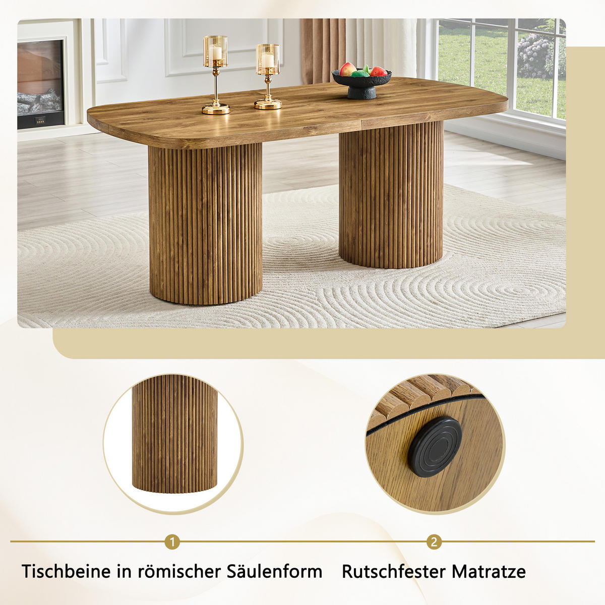 ESSTISCH MDF 6–8 Personen geriffelte Zylinderfüße Wabi Sabi Mid Century Design modern - Naturfarben, Holzwerkstoff (180/90/76cm) - EVRYAE