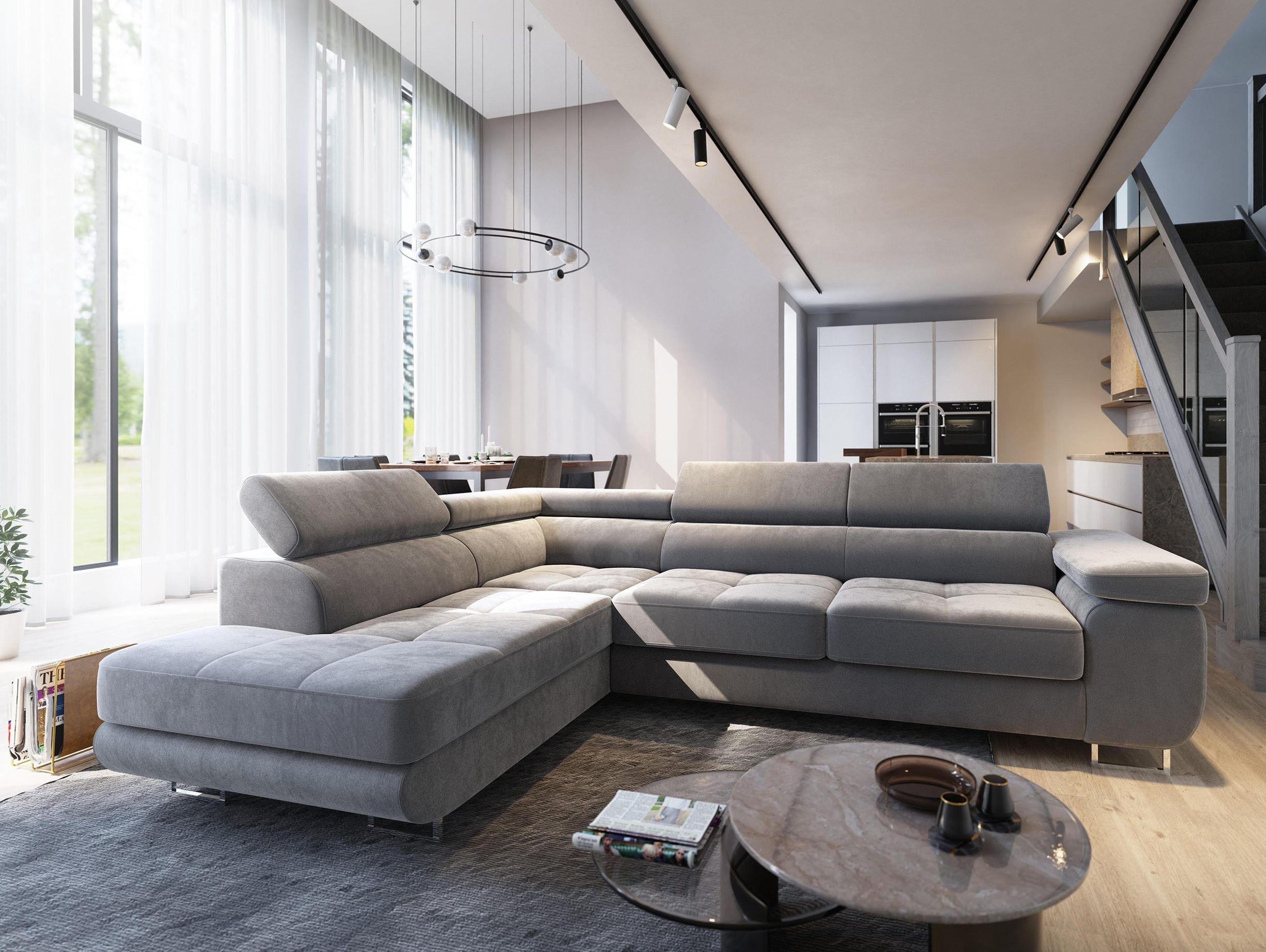 ECKSOFA SELVA L-S Hellgrau Velours-Stoff mit Schlaffunktion - Hellgrau, Holz (275/202cm) - MASSENO