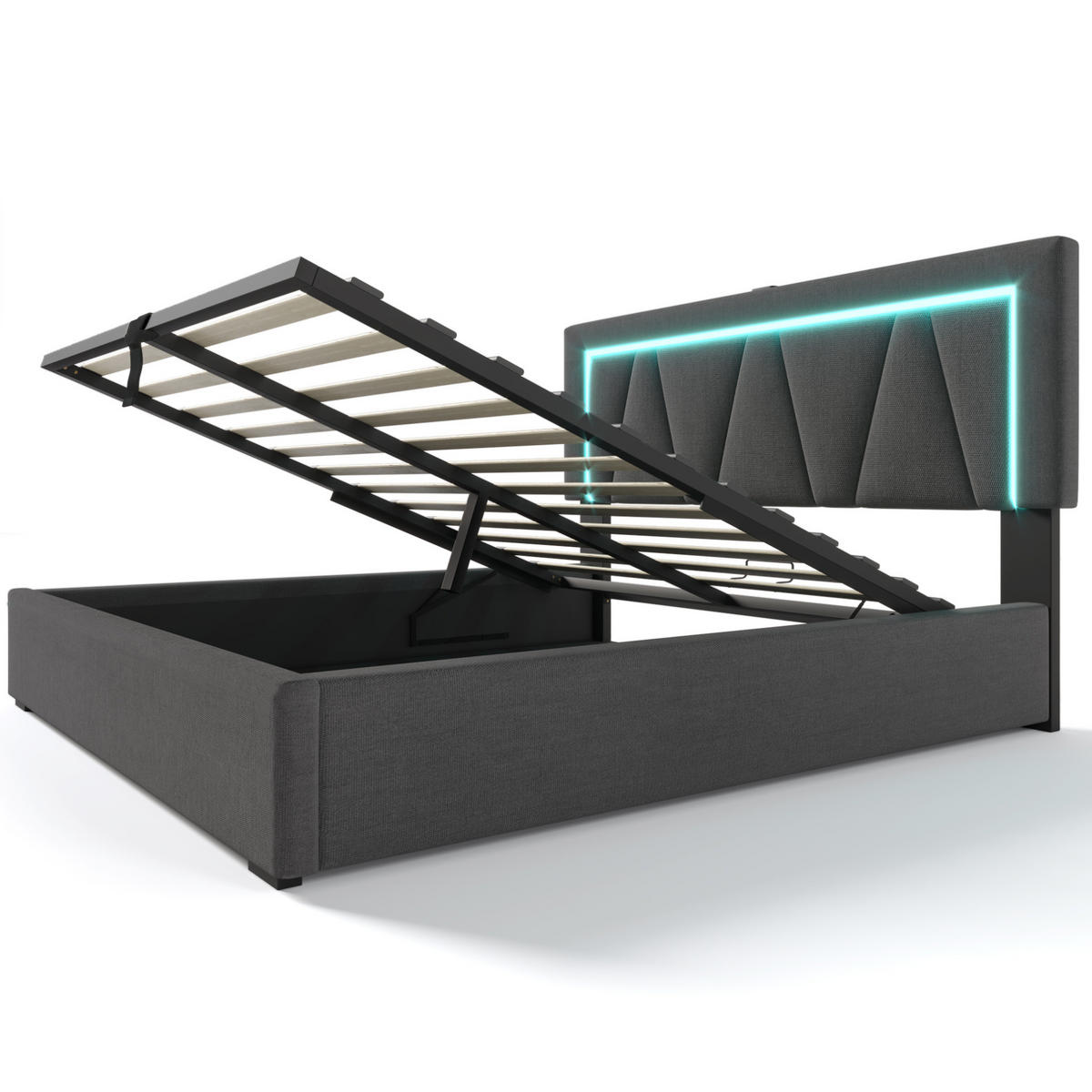 POLSTERBETT 140/200 cm mit LED-Beleuchtung, USB- und Type-C-Anschluss, Bettkasten und Matratze, Grau - Grau, Textil (140/200cm) - Redom
