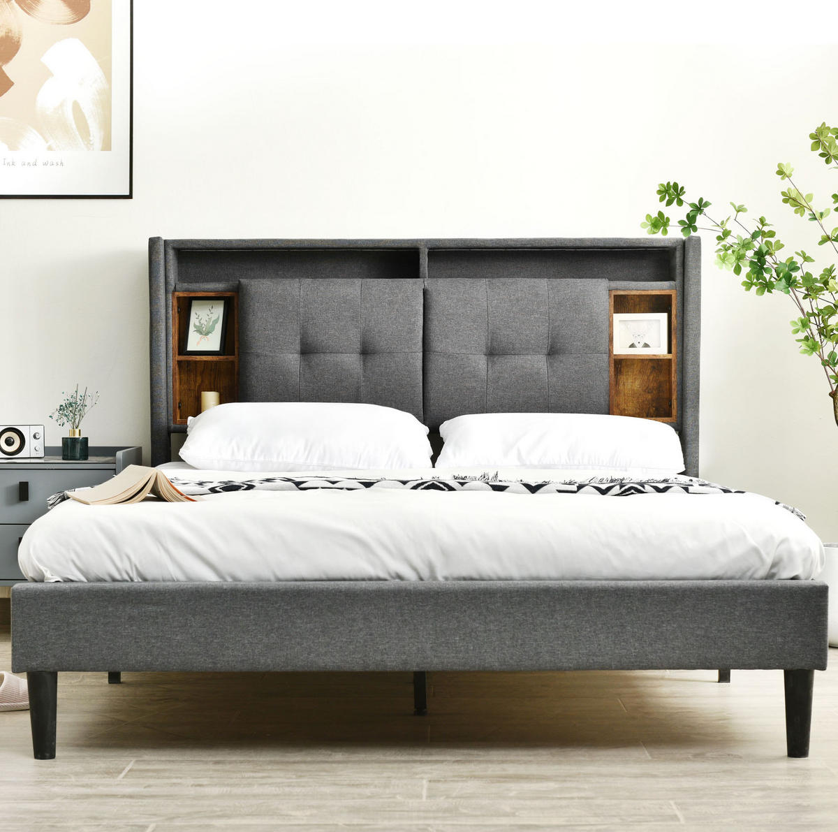 ČALOUNĚNÁ postel 160/200 cm masivní dřevo šedá, s úložným čelem, USB a LED - šedá, dřevo (160/200cm) - BEAOK