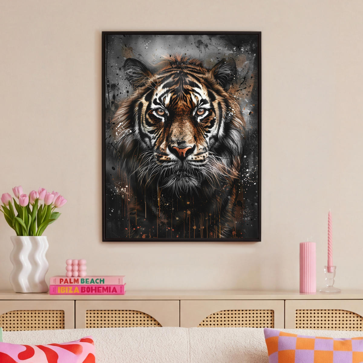 LEINWAND Bilder mit Rahmen - Tiger - Tiere - Porträt - Luxus - Schwarz - 70x100 - Braun, Textil (70/100cm) - MuchoWow