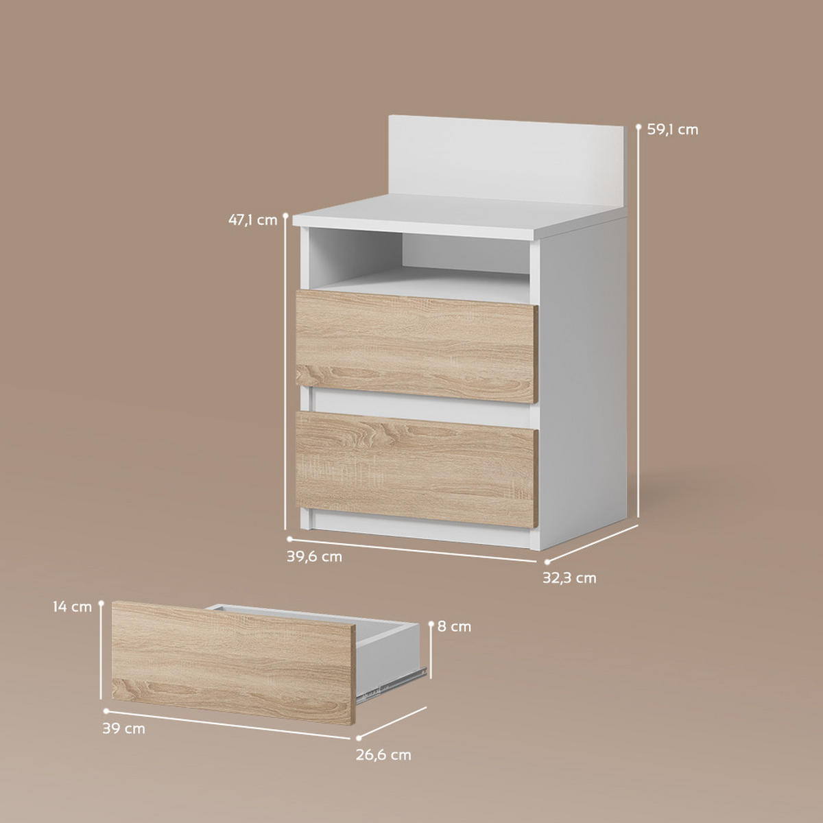 NACHTTISCH Roya, Weiß/Sonoma, 2er Set - Weiß/Sonoma Eiche, Holzwerkstoff (39.6/59.1/32.3cm) - Livinity®