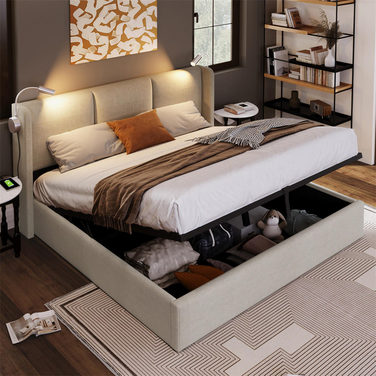 POLSTERBETT 140/200 cm in Beige Leinen mit mit USB Ladefunktion Kopfteil - Beige, Holz/Textil (140/200cm) - KOMHTOM