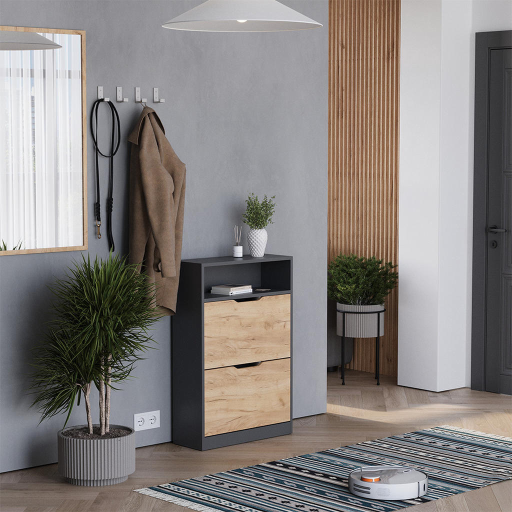 Thumbnail - Vicco Schuhkipper, Anthrazit, Honigeiche, Holzwerkstoff, 3 Fächer, 2 Schubladen, Rechteckig, 59x89.5x22 cm, Garderobe, S...