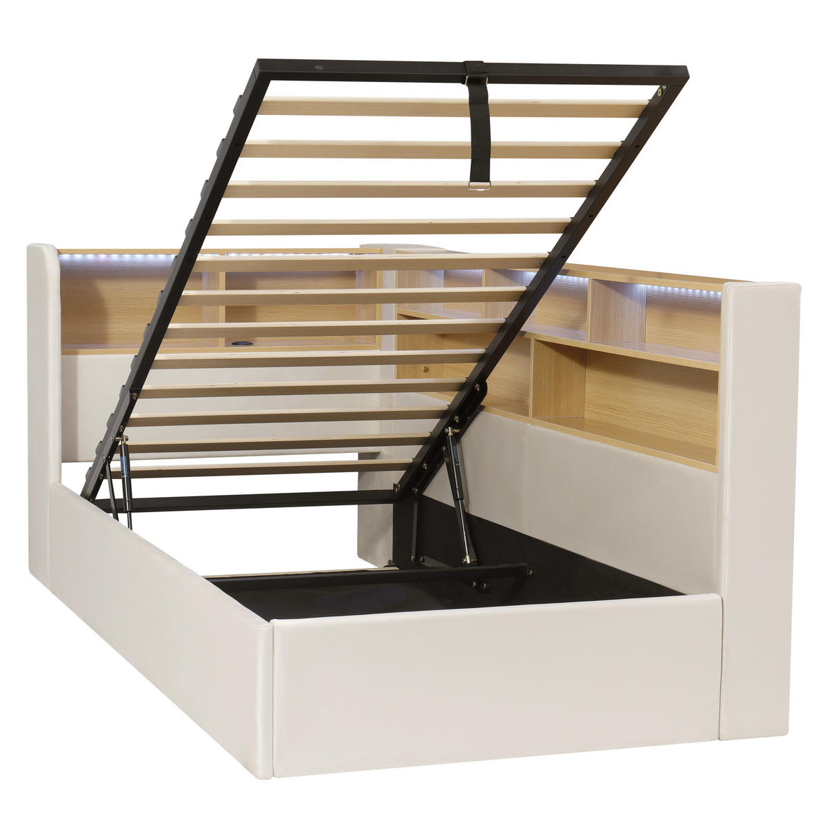 TAGESBETT 90/200 cm mit hydraulischem Stauraum, LED-Beleuchtung, USB- und Type-C-Anschluss, Samt, Beige - Beige, Textil (90/200cm) - Redom