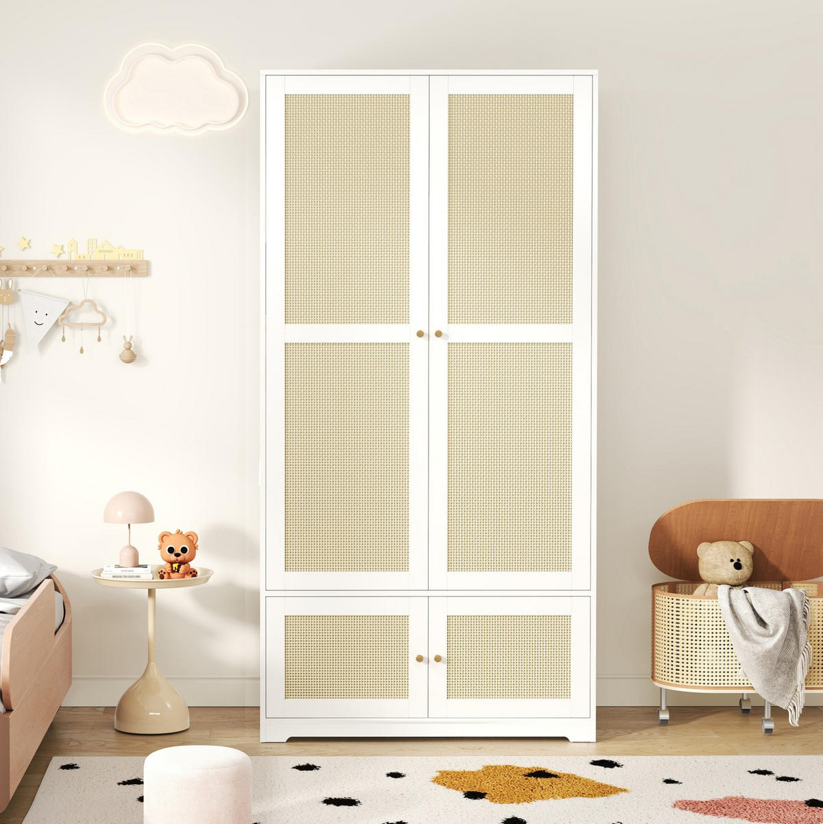 KLEIDERSCHRANK aus MDF 90x48x180 cm Weiß mit Rattantüren, Kleiderstange und Einlegeböden - Weiß, Holzwerkstoff (90/180/48cm) - Modfu