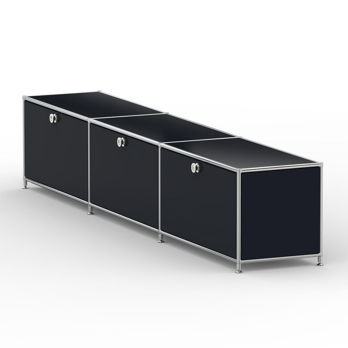 TV Board mit 3 Klappen & Schloss, Breite 227 cm, Graphitschwarz - Chromfarben/Silberfarben, Metall (40/43/227.2cm) - Versee