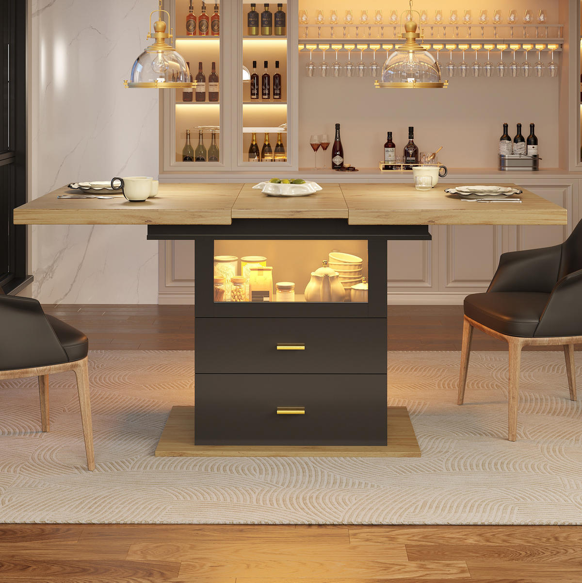 ESSTISCH 110-140x80x75 cm in Natur und Schwarz aus MDF mit LED-Beinen ausziehbar - Naturfarben, Holzwerkstoff (140/80/75cm) - Modfu