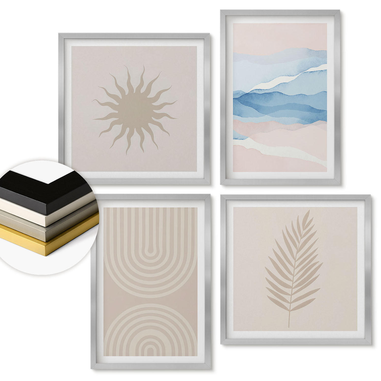 WANDBILDER 4er Set - 50x50 cm & 40x60 cm Silberner Rahmen - Abstrakte Linien der Sonnenwellen - Silberfarben, Kunststoff (50/50cm) - ArtPrintCave