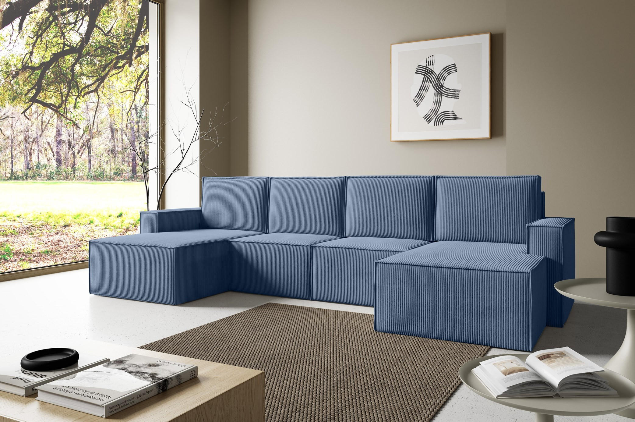 WOHNLANDSHAFT Orto Dunkelblau - Dunkelblau, Holzwerkstoff/Textil (320/93/142cm) - Bettso