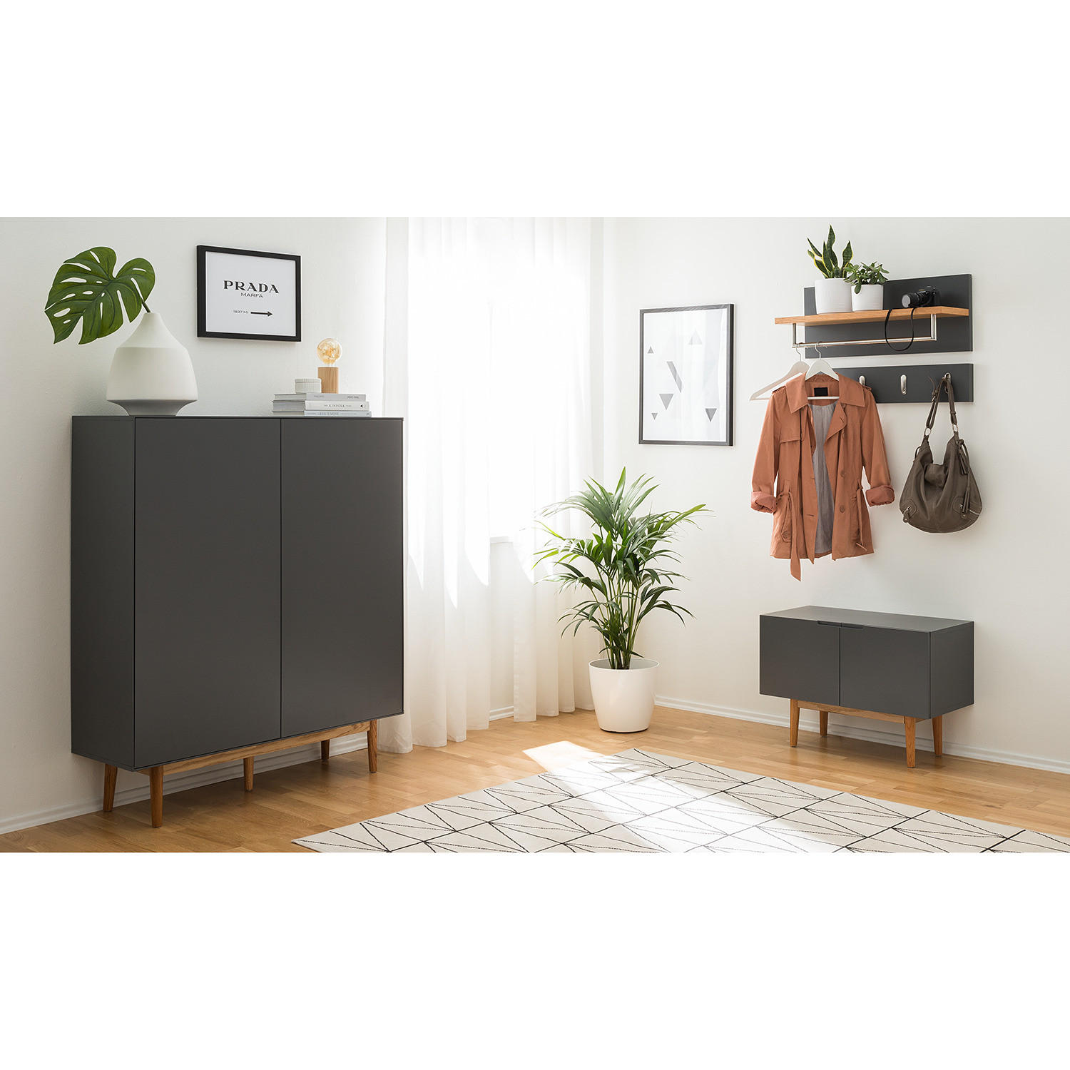 SCHUHKOMMODE mit 2 Türen - Eichefarben/Grau, Holzwerkstoff (110/132/38cm) - home24