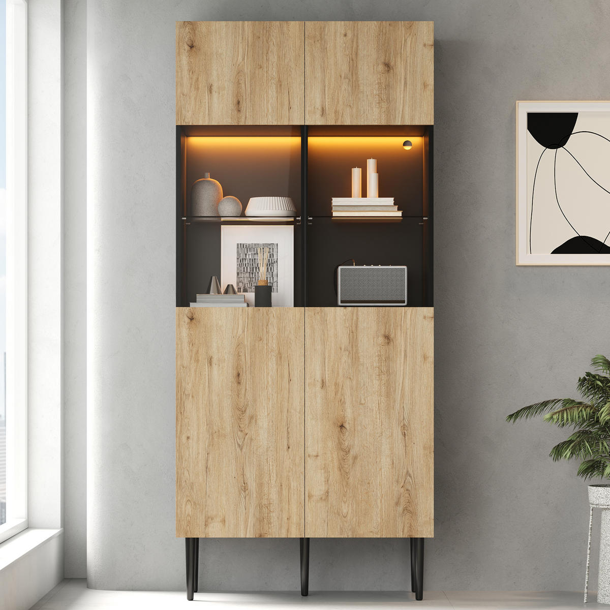 VITRINE LED Hochschrank Glas 10 Fächer Holz Schwarz 180cm - Multicolor, Holzwerkstoff (80/180/35cm) - FLIEKS